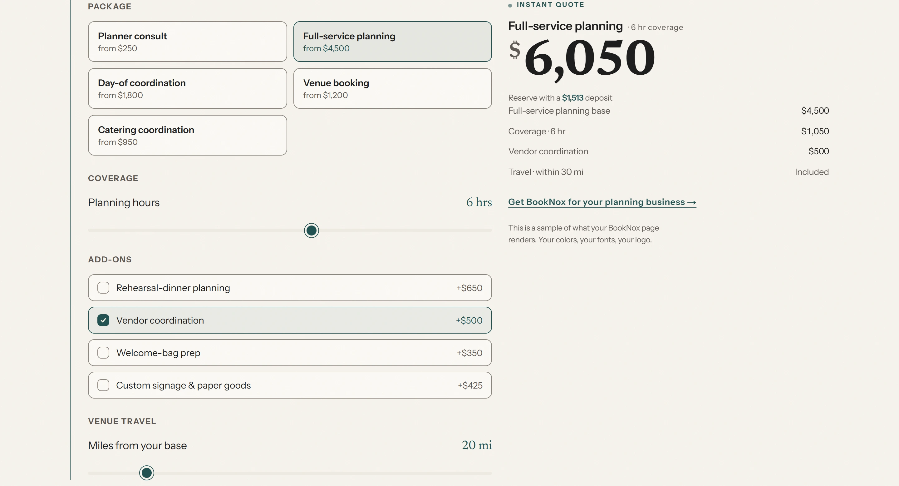BookNox instant-quote configurator on a wedding planner's branded page — full-service planning with vendor coordination produces a live $6,050 total, a $1,513 deposit, and an itemized breakdown.