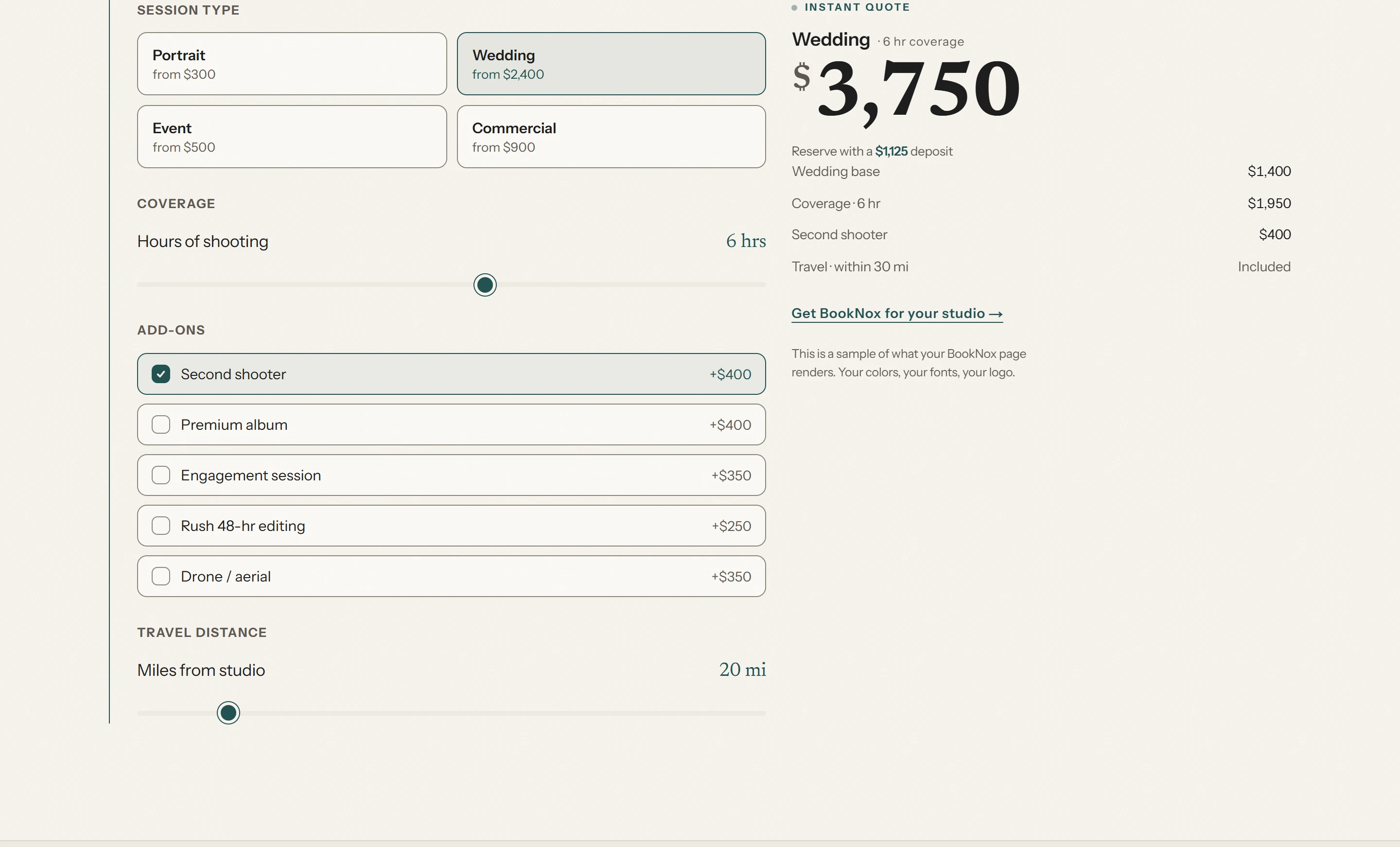 BookNox instant-quote configurator on a photographer's branded page — a Wedding session with six hours of coverage and a second-shooter add-on produces a live $3,750 total, a $1,125 deposit, and an itemized breakdown.