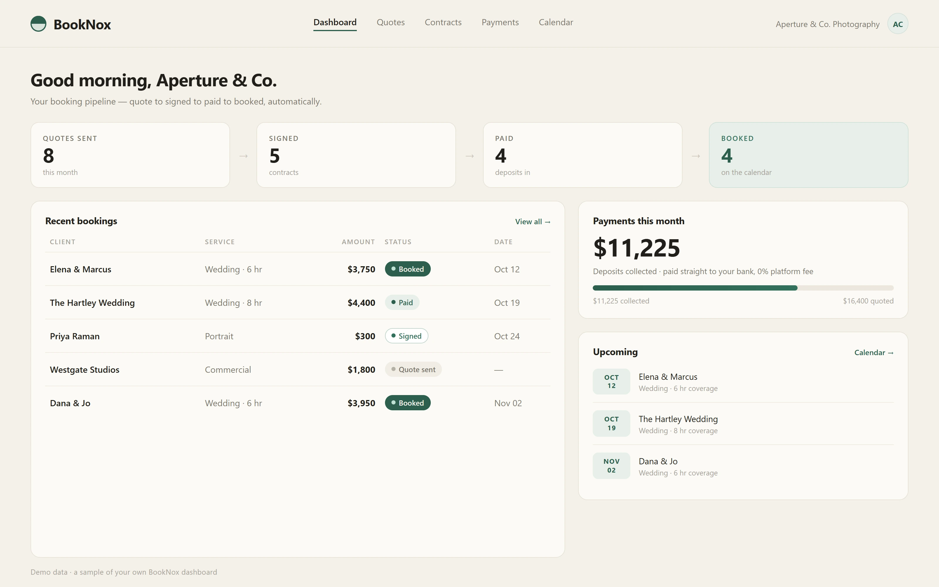 BookNox vendor dashboard — a vendor's own private view of bookings and payments, the quote-to-paid pipeline in one place. Shown with demo data.